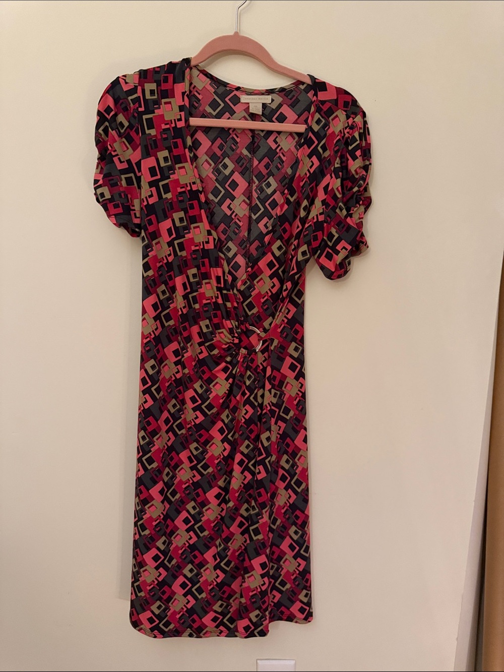 Pink & Black Geometric Midi faux Wrap Dress